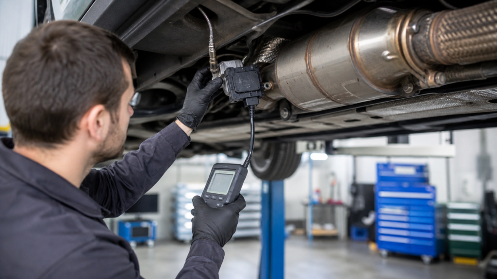 Mechanik sprawdza czujnik NOx w układzie wydechowym